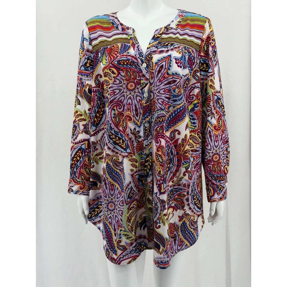 Fig & Flower Top Womens 2X Multicolor Paisley Boho Sheer Tunic Artsy Colorful